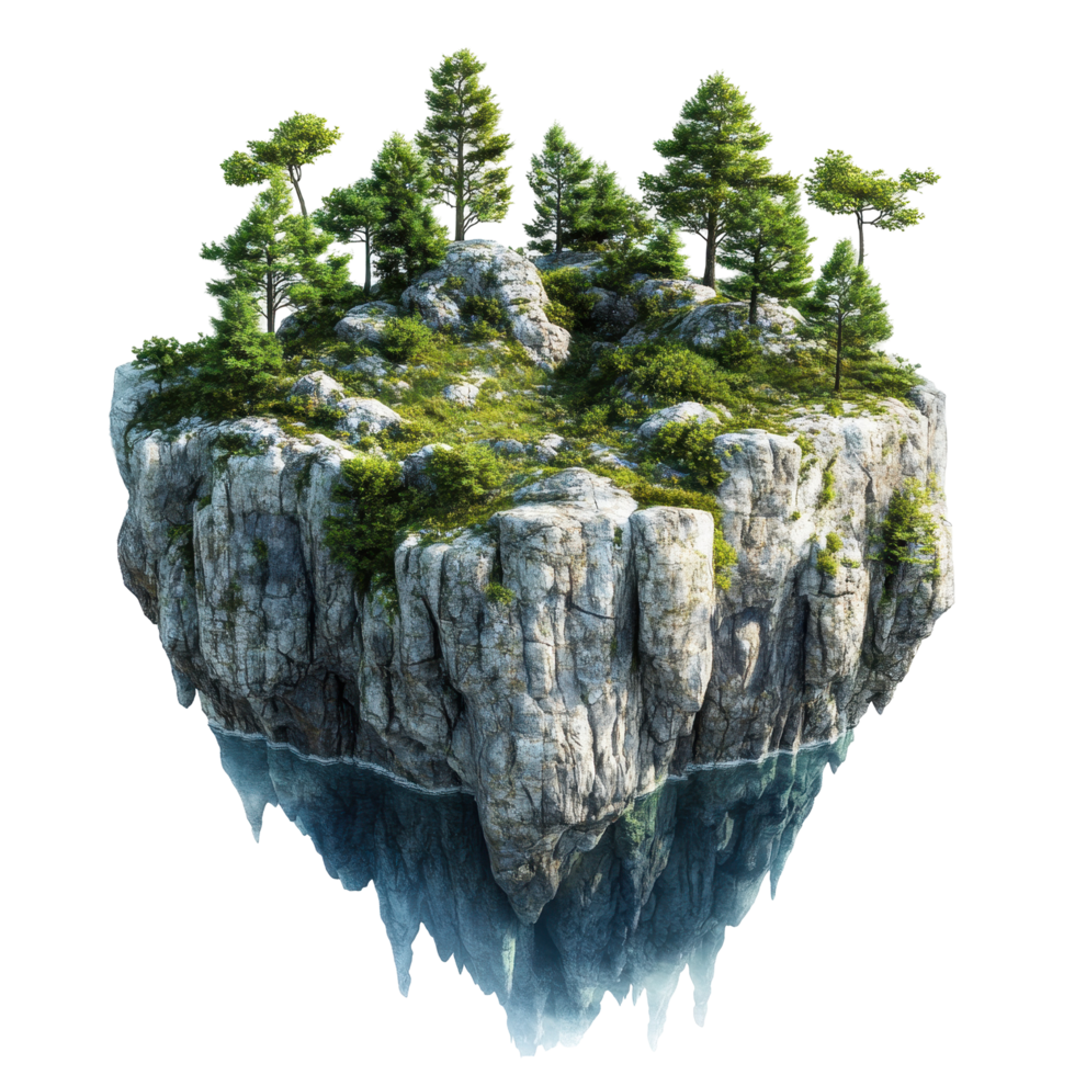 Isolated island floating over water, teeming with trees and rocks. png