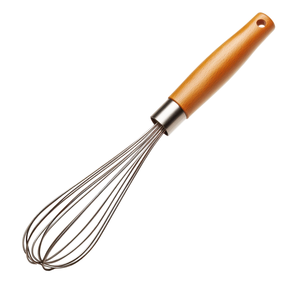 Wooden-handled metal whisk for mixing ingredients. png
