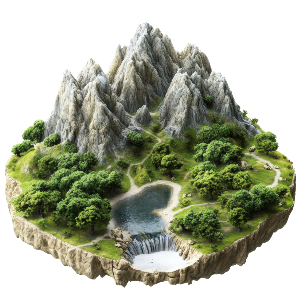 Floating island landscape with towering mountains and a serene valley. png
