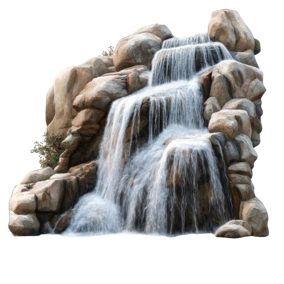 Rustic waterfall cascading over stacked rocks. png