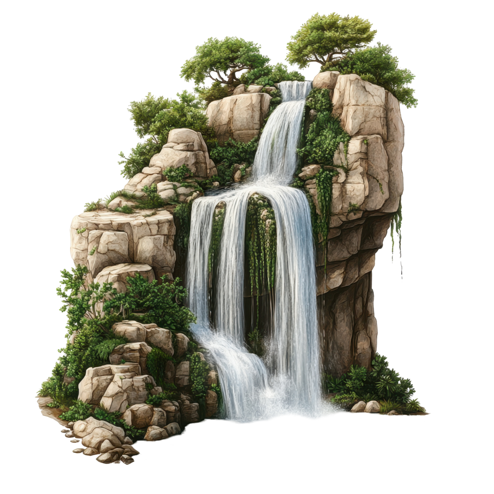 Lush waterfall cascading over rocky cliffs, framed by greenery. png