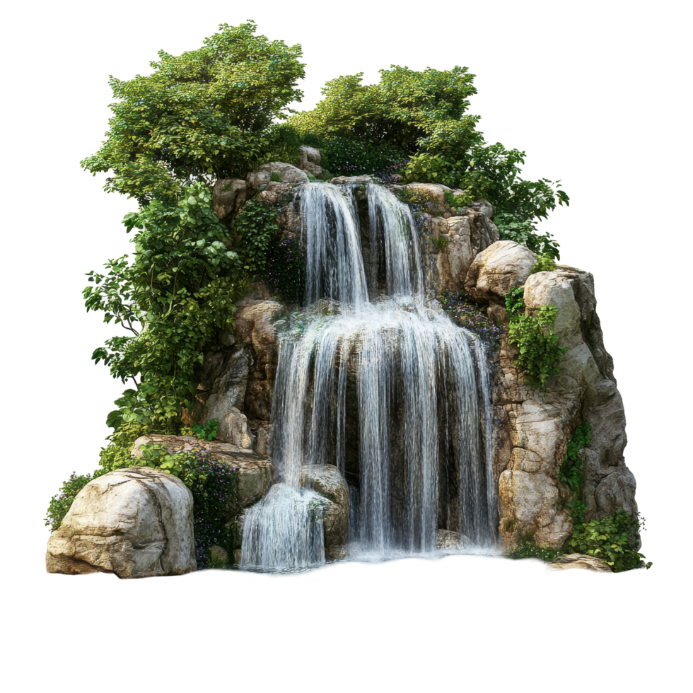 Lush cascading waterfall cascading over sculpted rocks. png