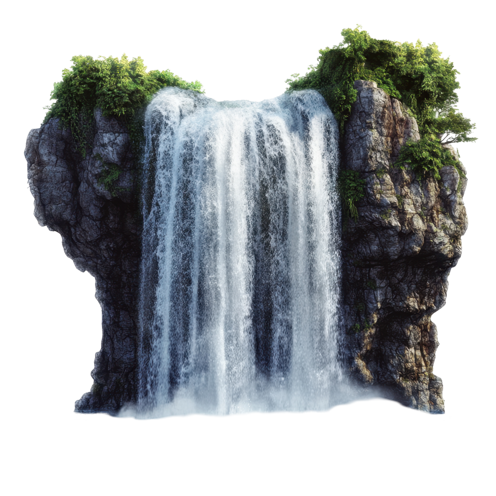 Majestic waterfall cascading over rocky cliffs. png