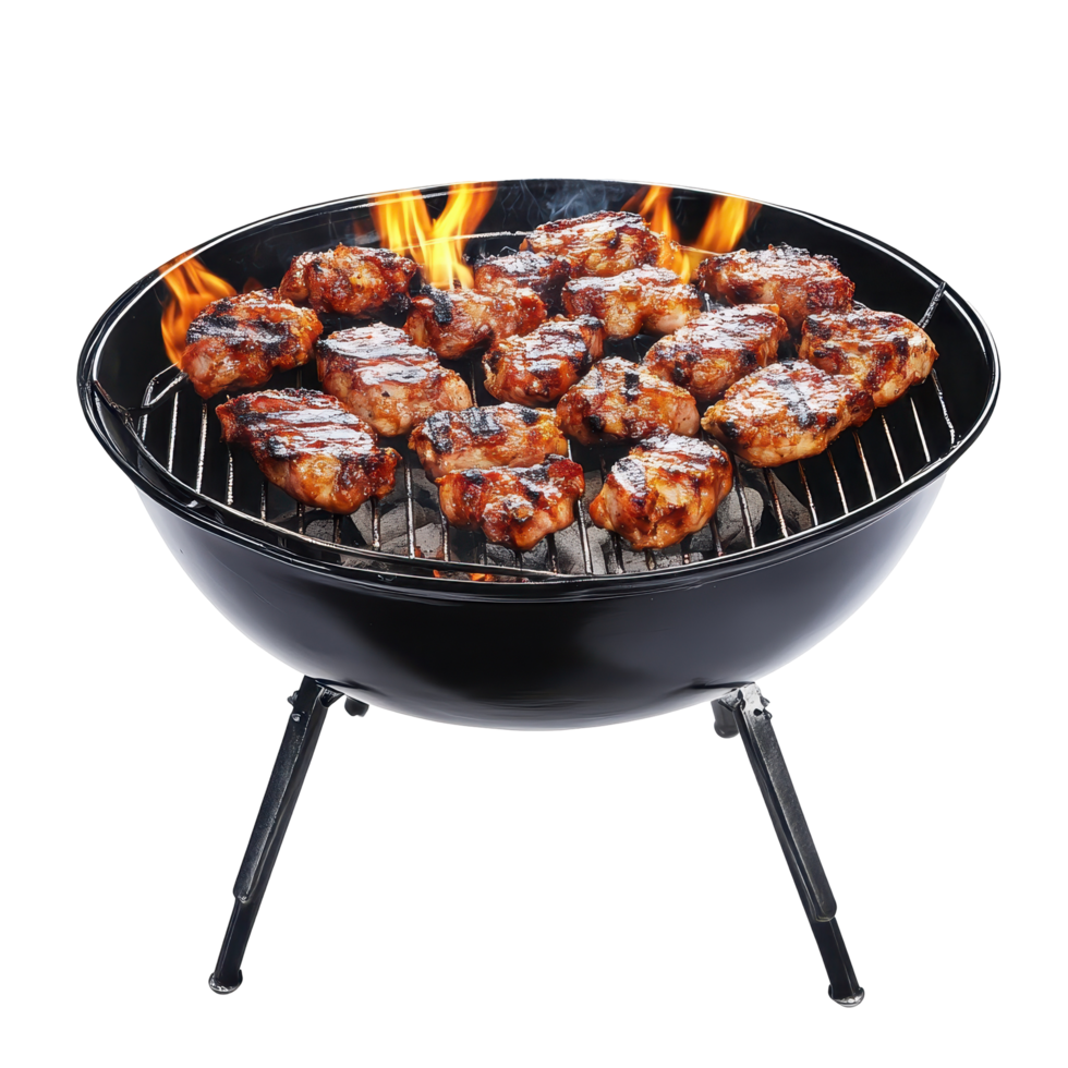 Grilled pork chops sizzling on a charcoal barbecue. png