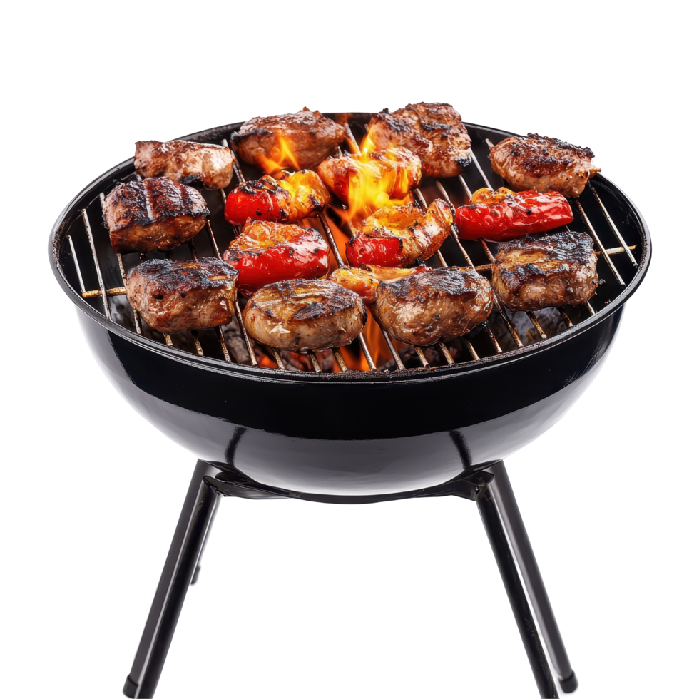 Grilled meats and peppers sizzling on a portable barbecue. png