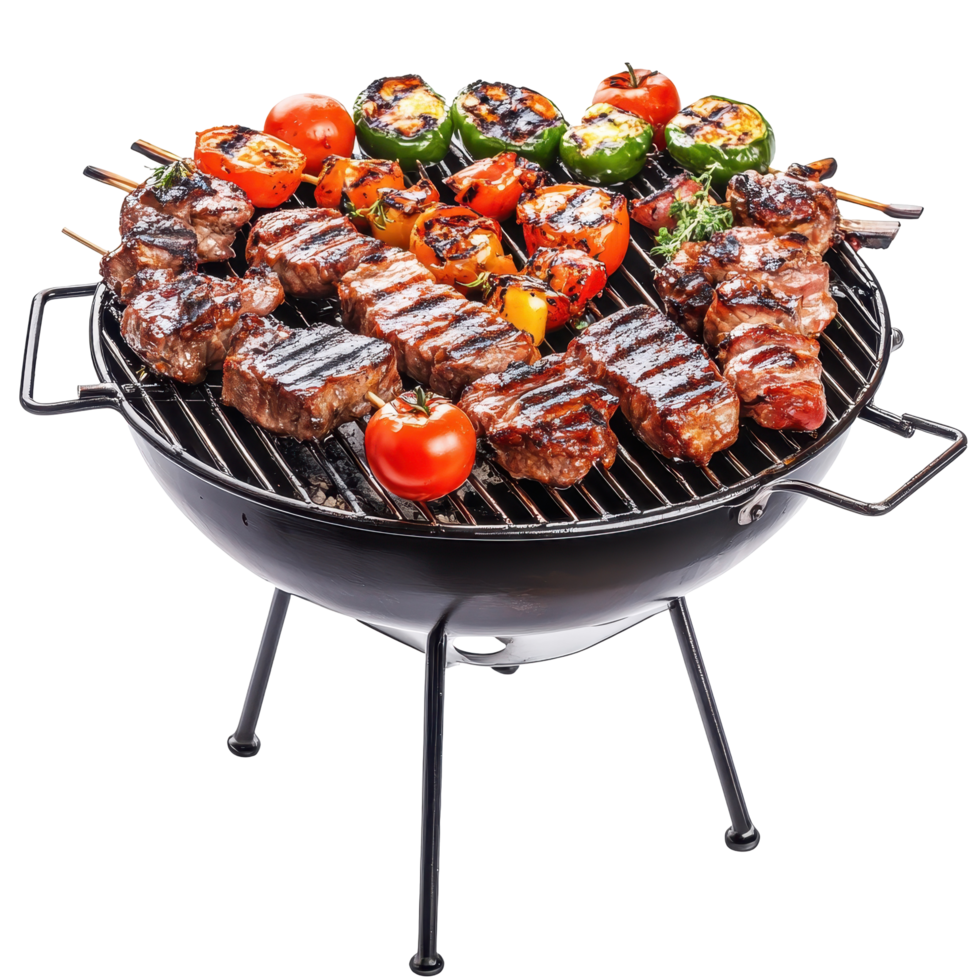 Grilled skewers of meat and vegetables on a portable barbecue. png