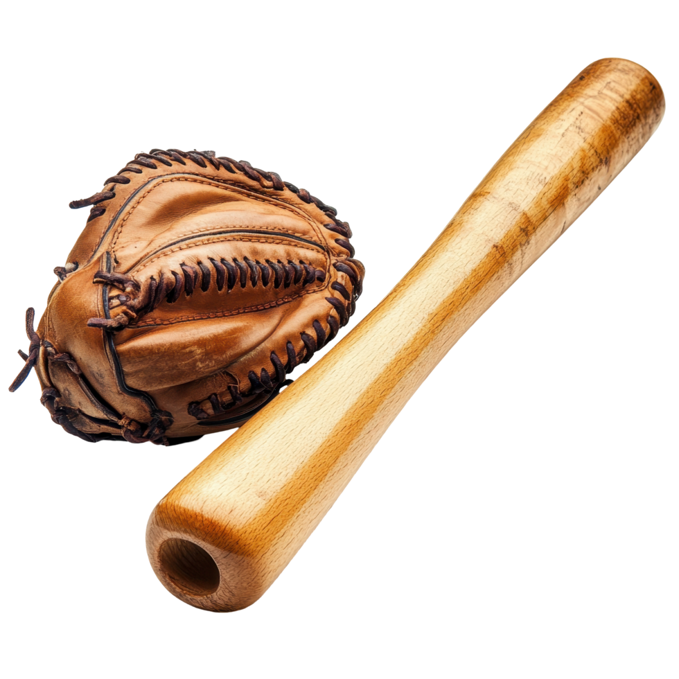 Baseball glove and bat resting on a surface. png
