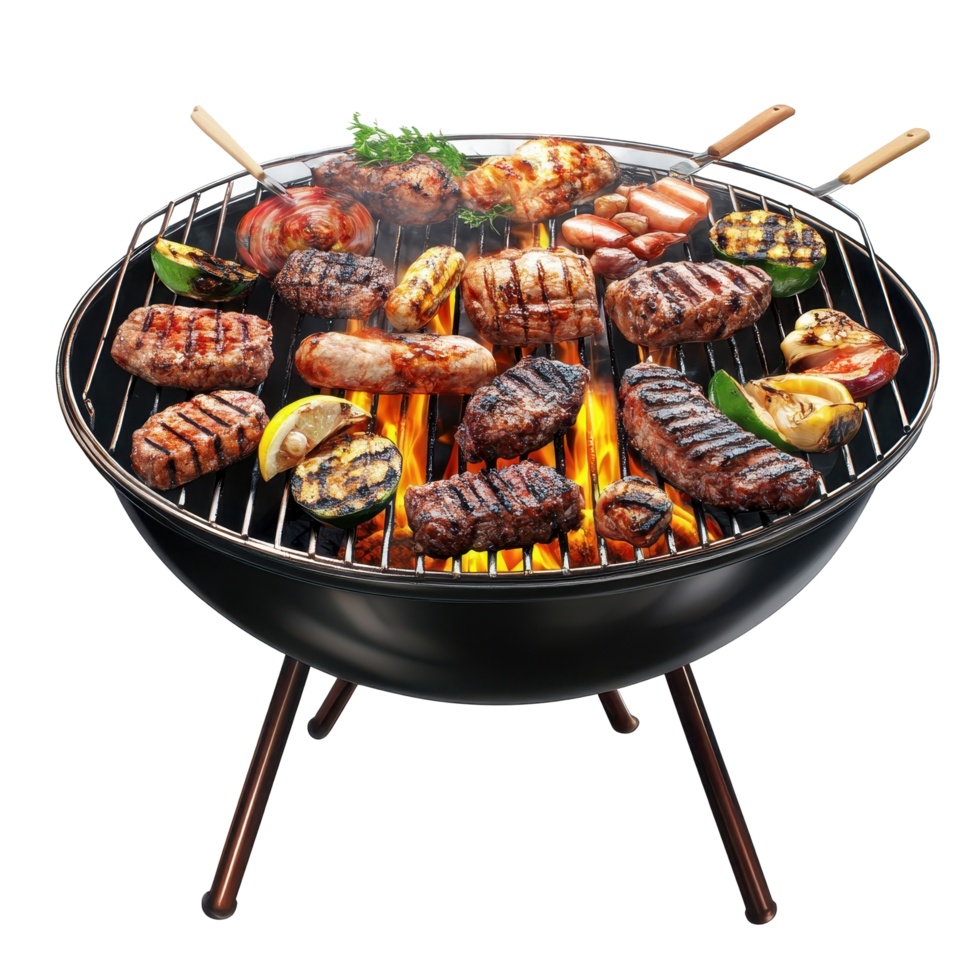 Assorted grilled meats and vegetables on a round outdoor grill. png