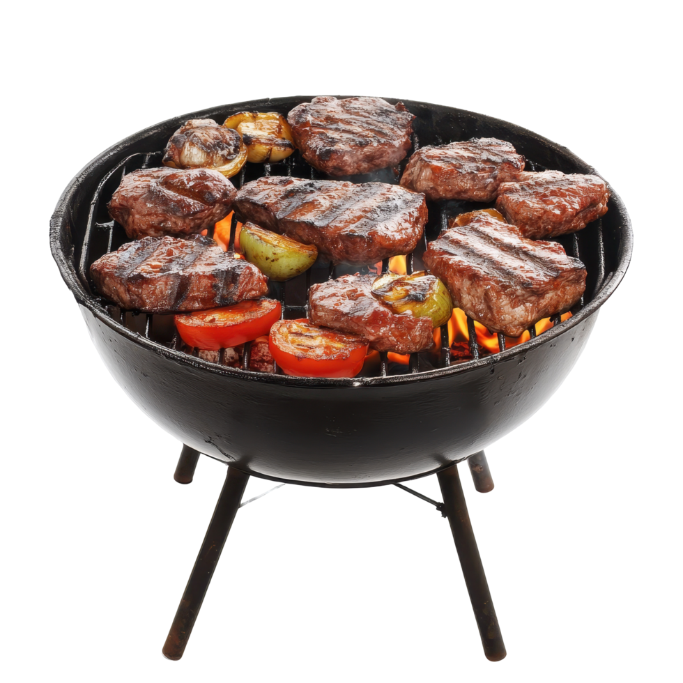 Grilled beef steaks and vegetables on a portable charcoal grill. png
