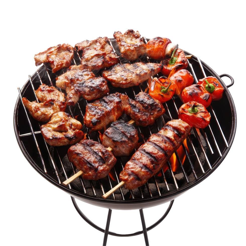 Grilled meats and vegetables on a portable barbecue. png