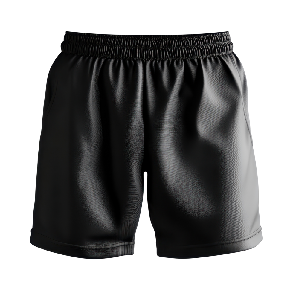 Close-up view of black athletic shorts. png