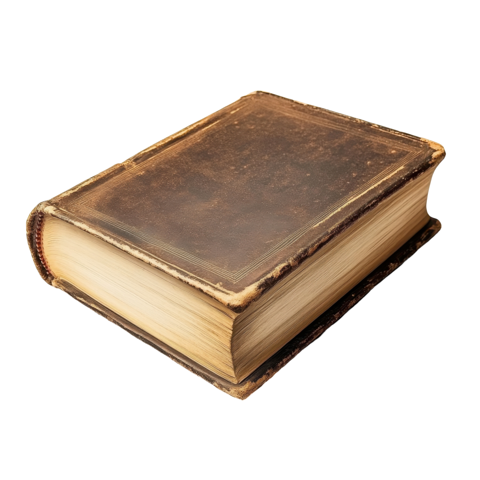 Aged hardcover book with worn, dark brown cover. png