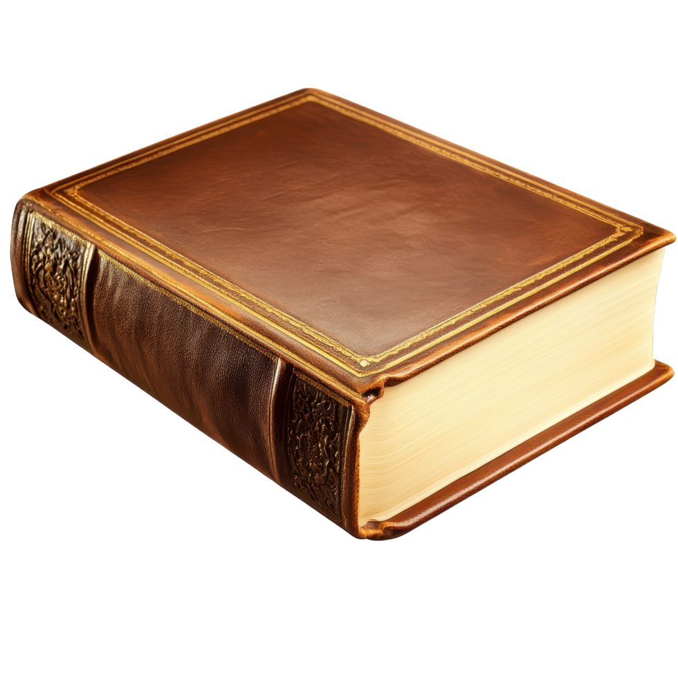 Ornate leather-bound book resting on a surface. png