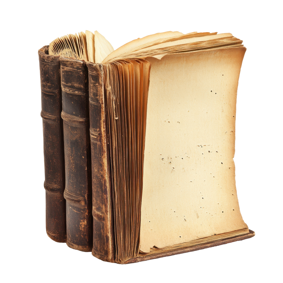 Aged, leather-bound book with open pages. png
