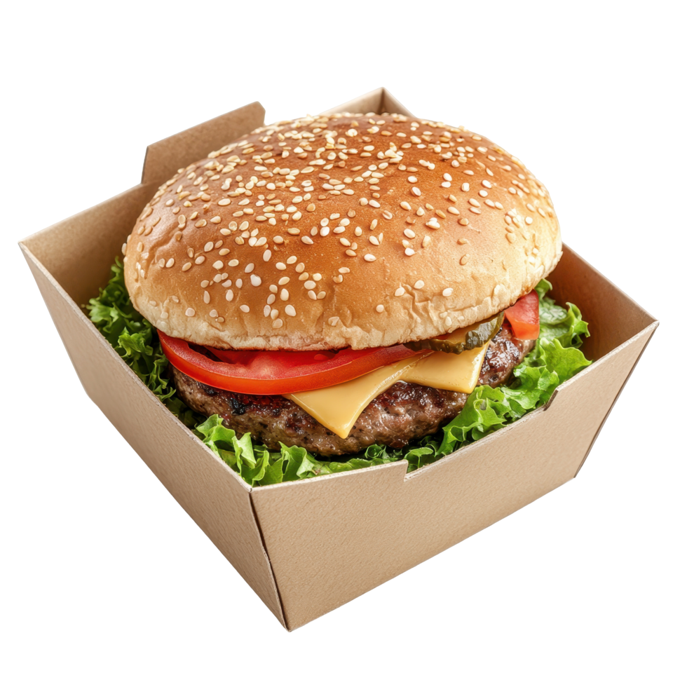 Square cardboard container holding a classic cheeseburger. png