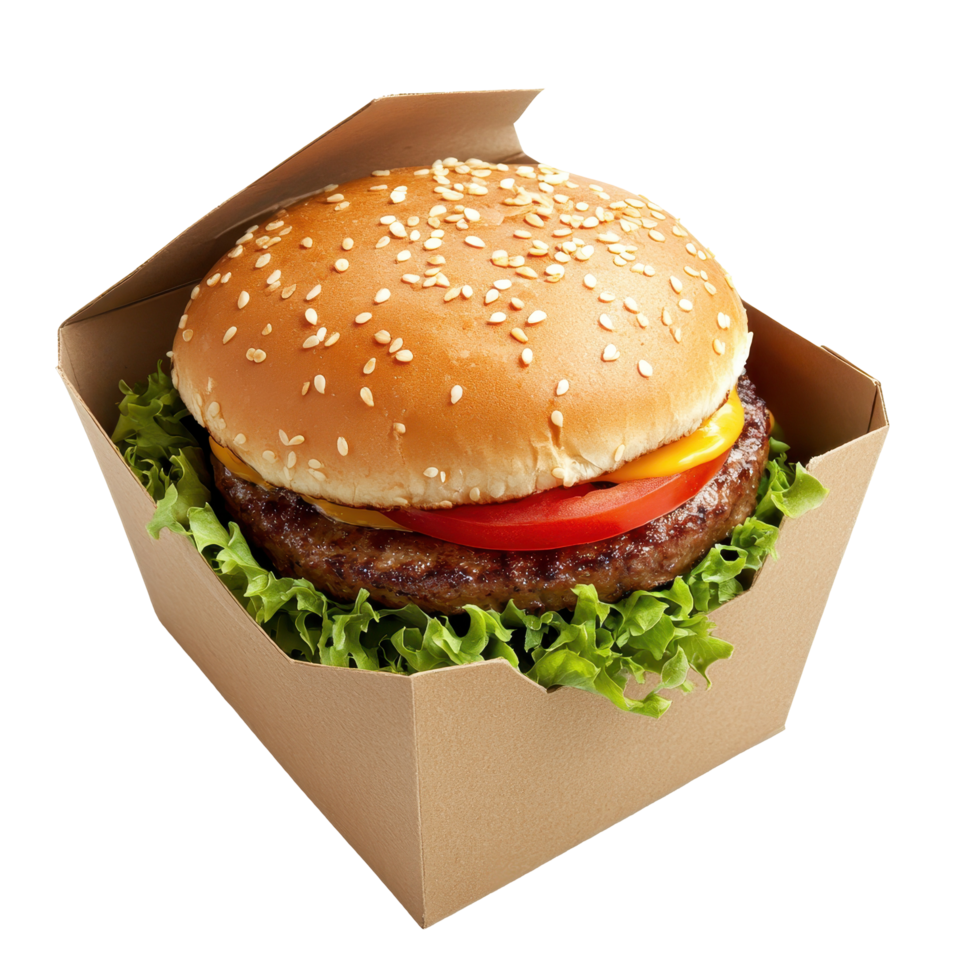 A tasty, ready-to-eat cheeseburger in a cardboard box. png