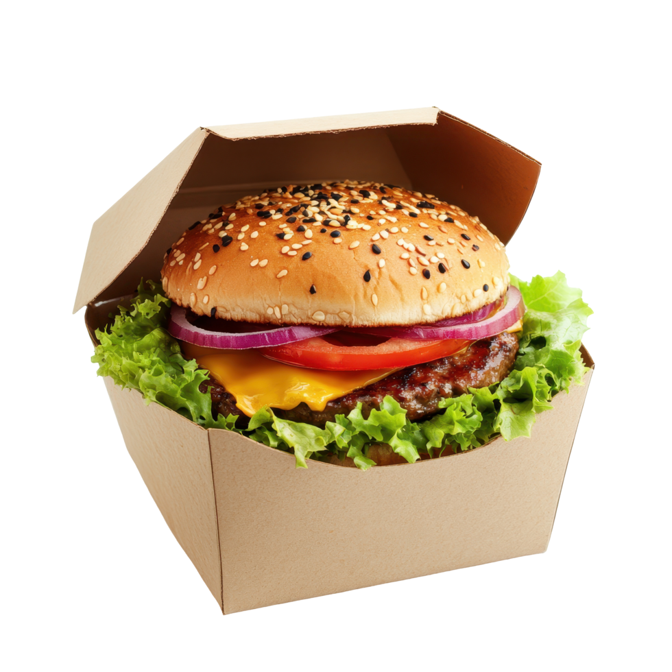 Deliciously presented hamburger in a cardboard container. png