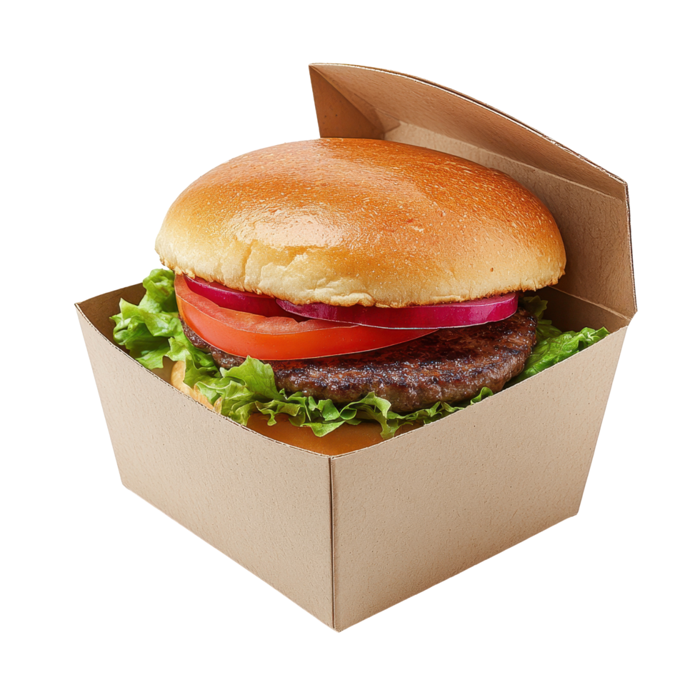 Deliciously presented, freshly made hamburger in a cardboard box. png