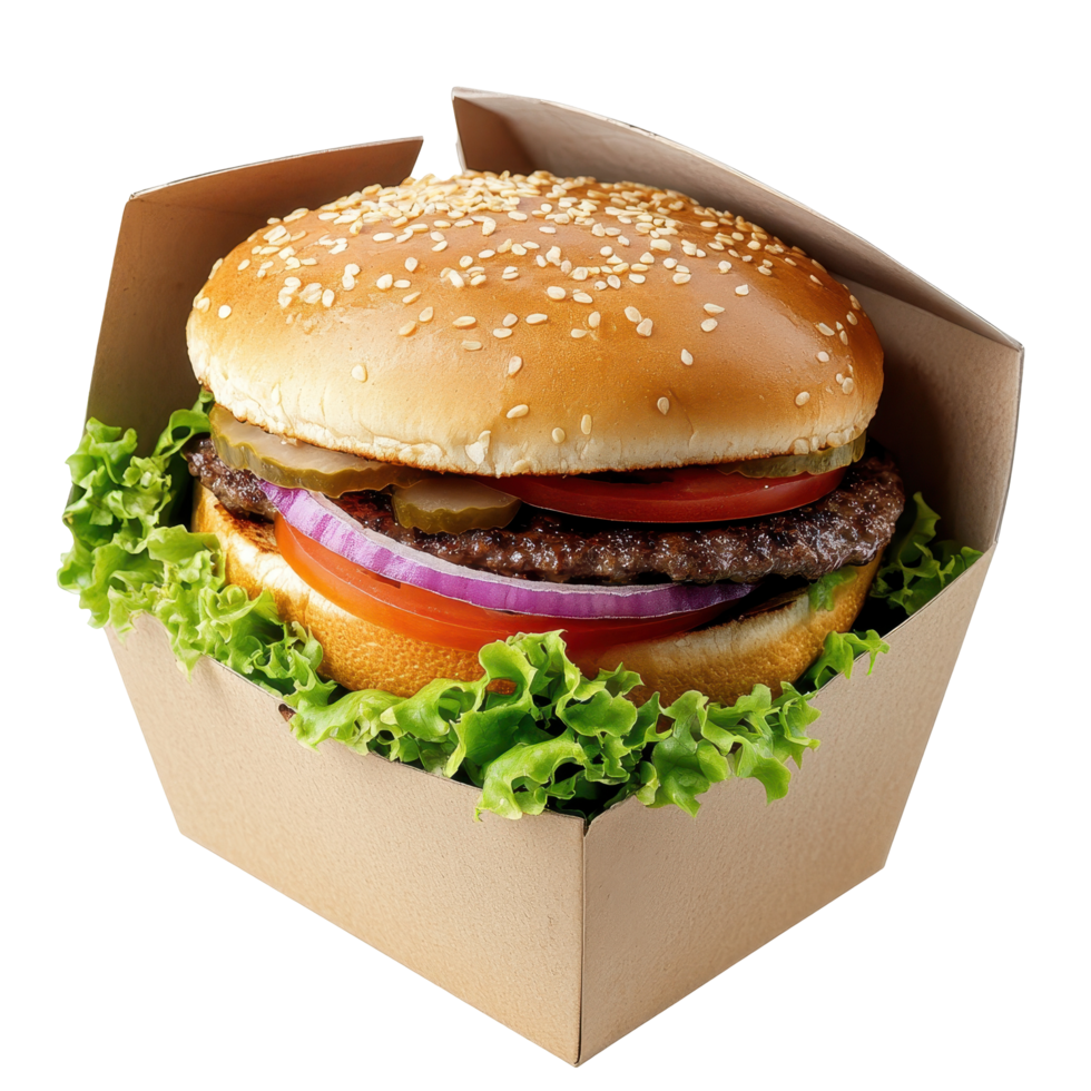 Deliciously packed hamburger in a cardboard container. png