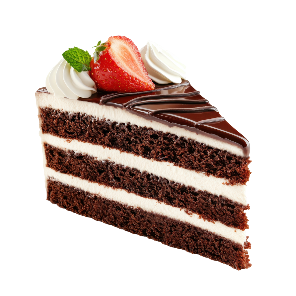 Chocolate cake slice with whipped cream and strawberries. png
