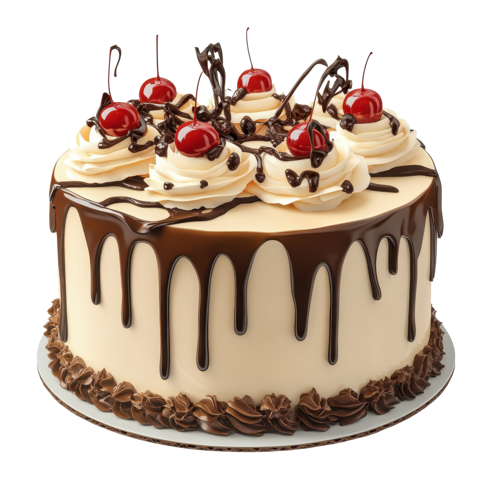 Delicious round cake adorned with chocolate drizzle and cherries. png