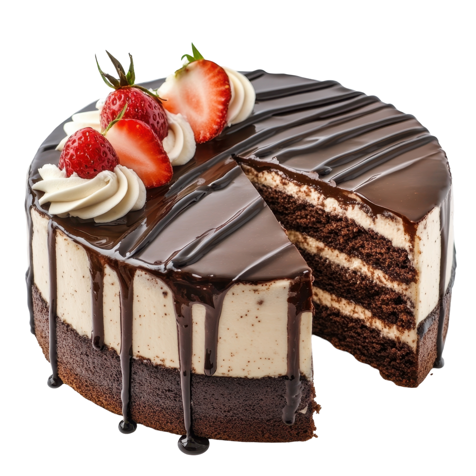 Chocolate cake with whipped cream and strawberries. png