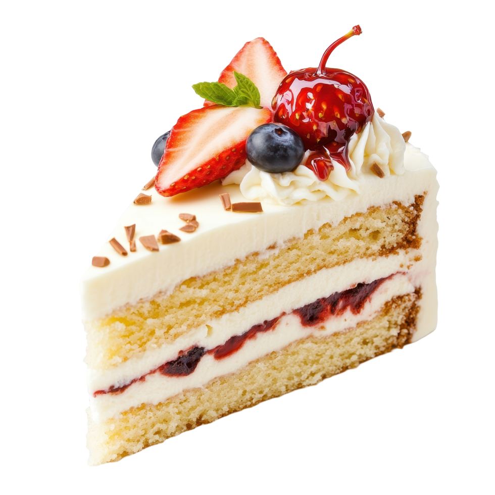 Delicious layered cake slice topped with berries. png