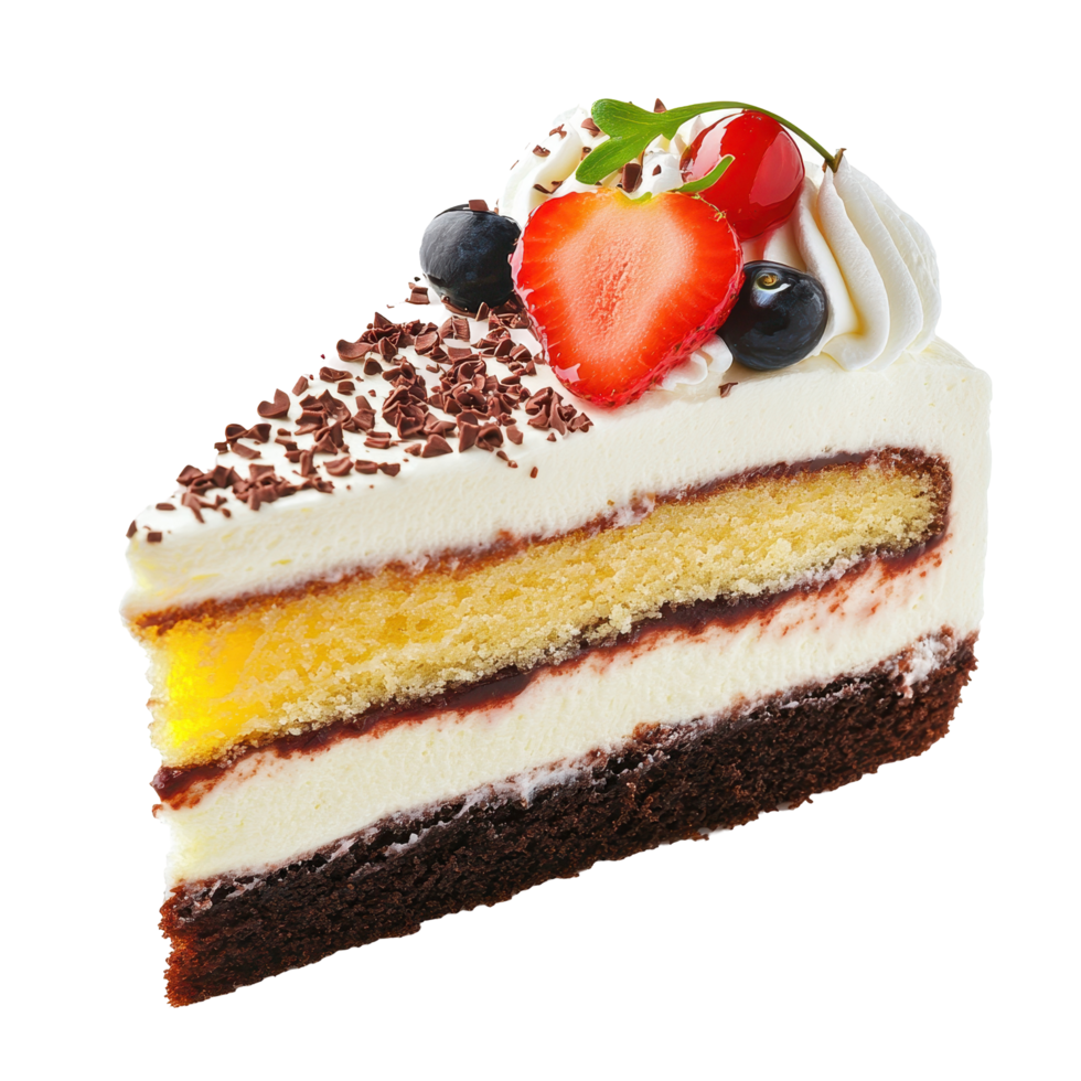 Delicious slice of layered cake with creamy frosting and fresh fruit. png