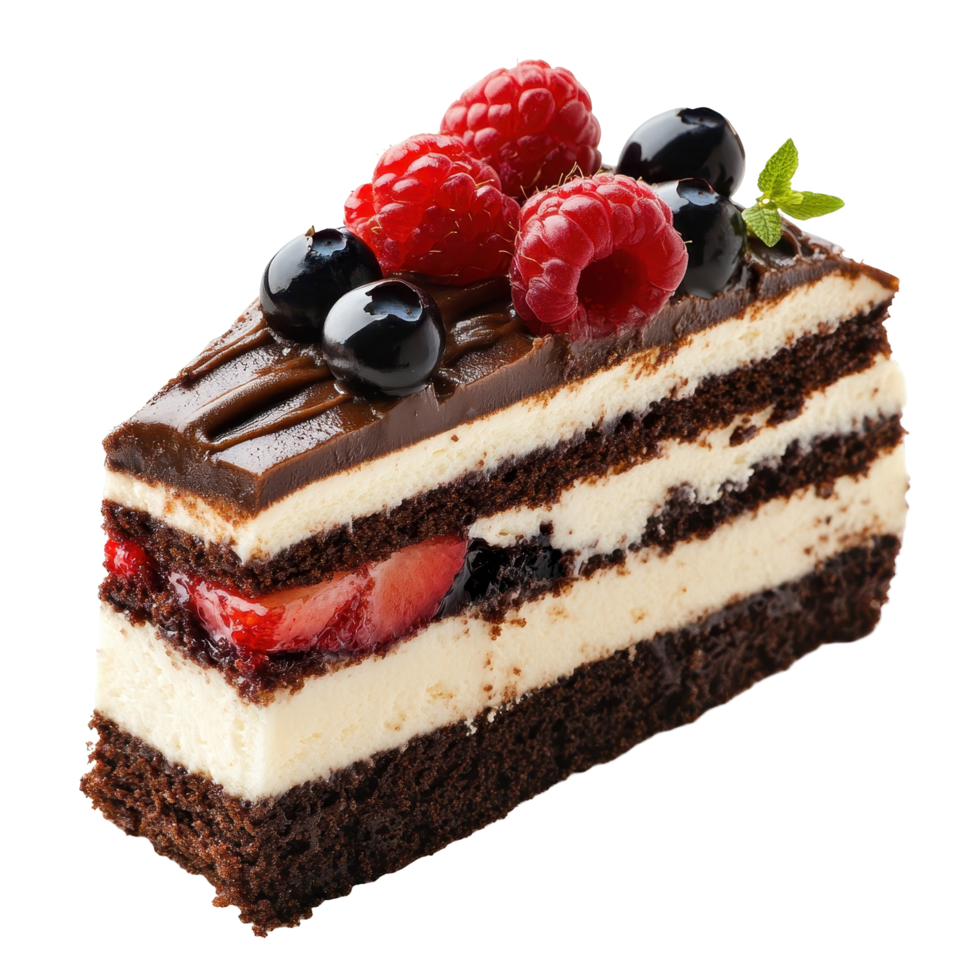 Delicious chocolate cake slice topped with fresh berries. png