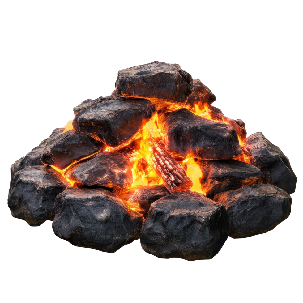 Simulated campfire nestled within dark, piled rocks. png