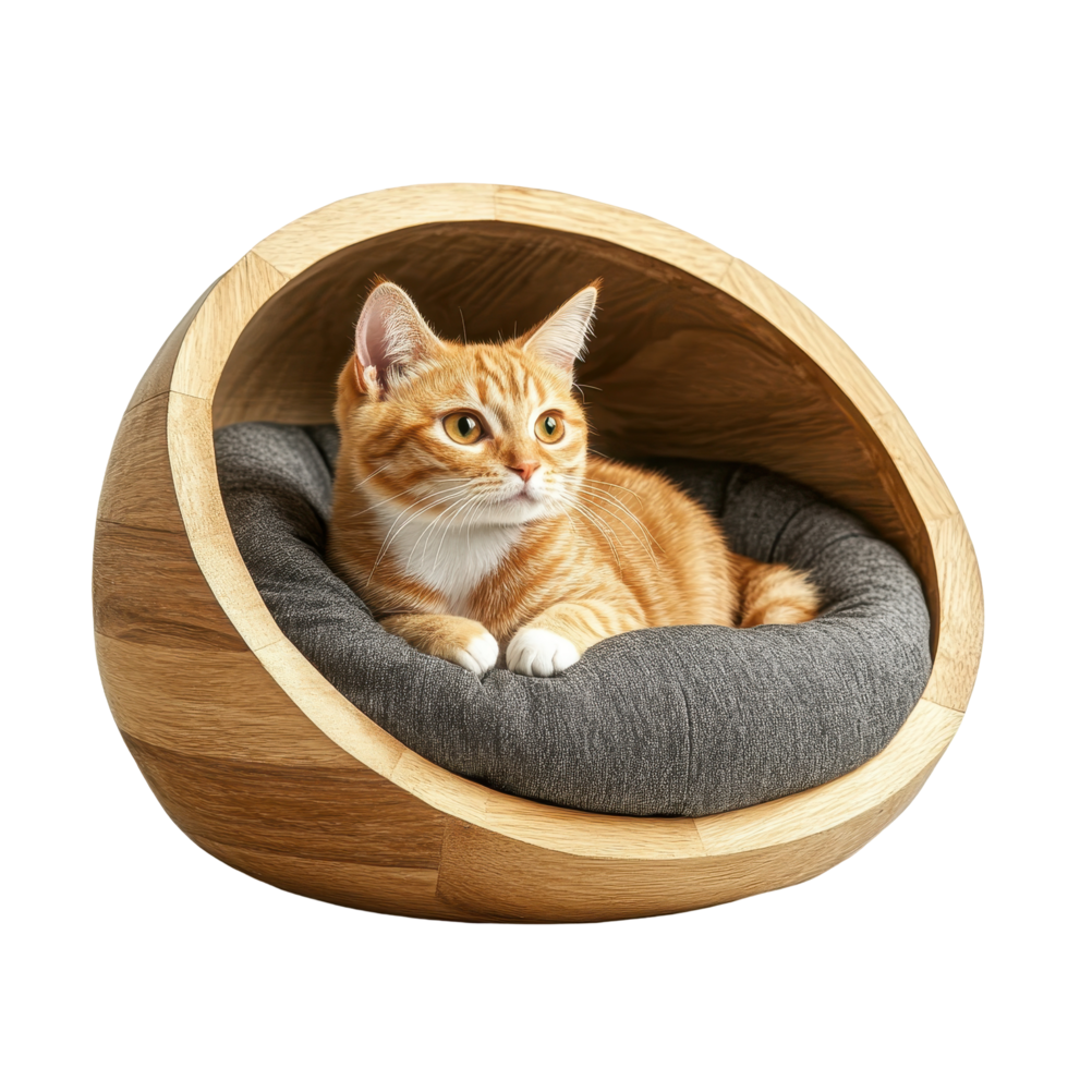 Wooden cat bed with soft gray interior. png