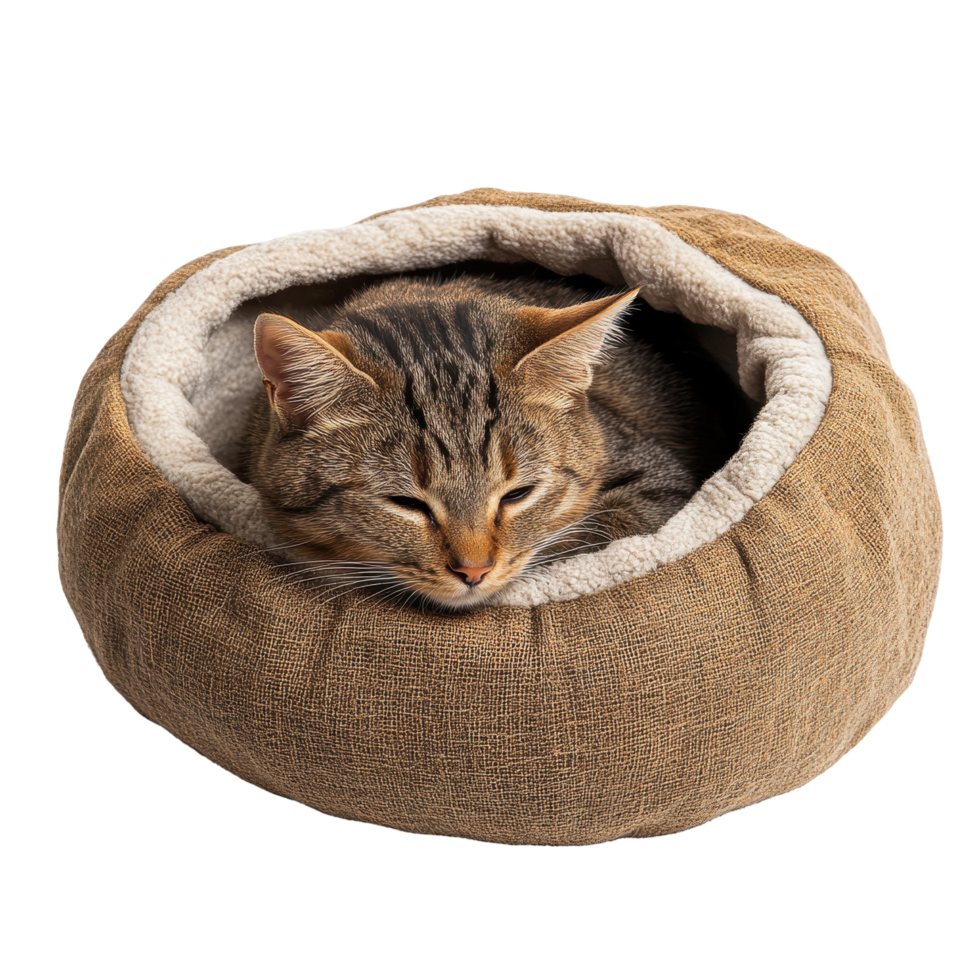 Sleepy tabby cat nestled in a cozy, round bed. png