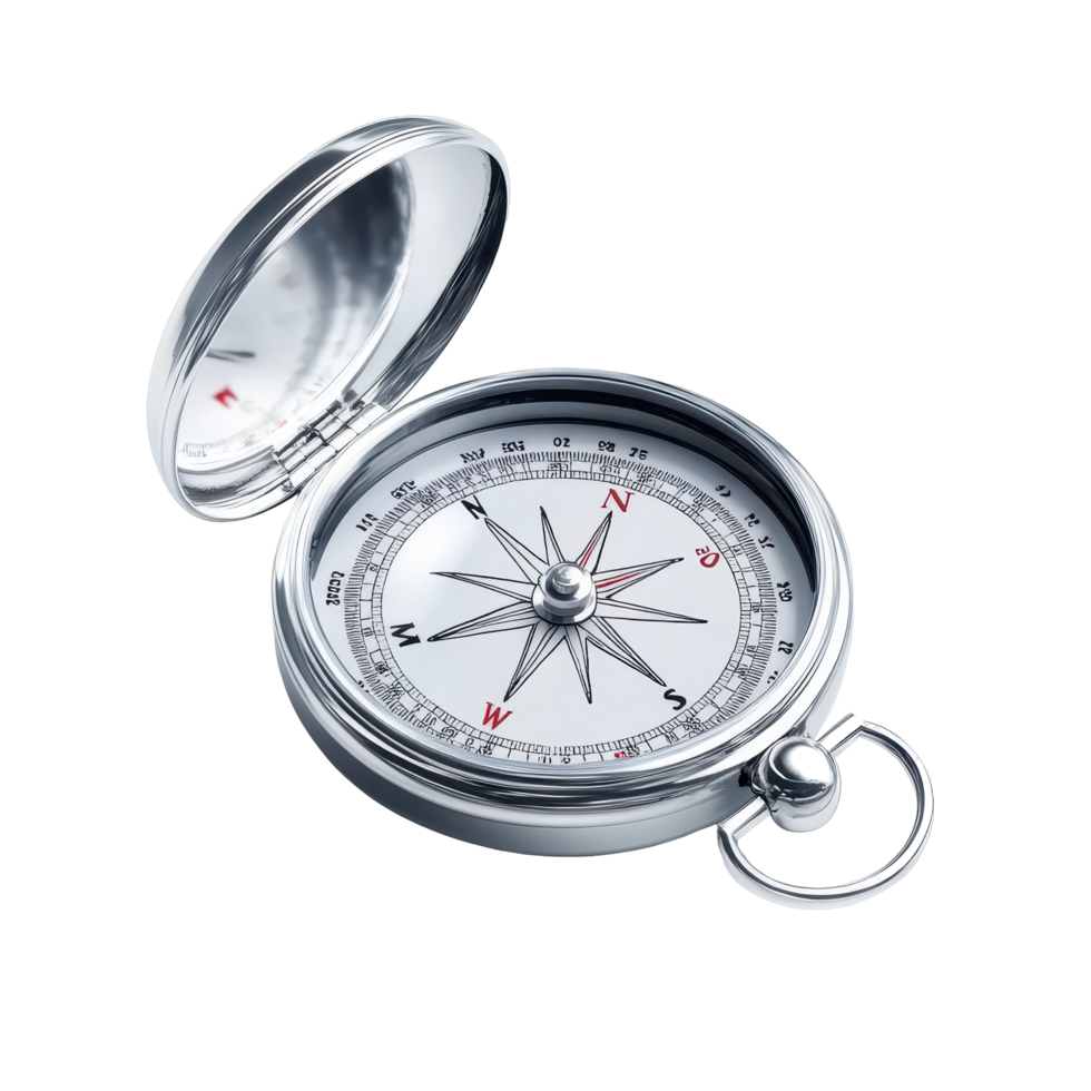 Close-up of a polished metal compass. png
