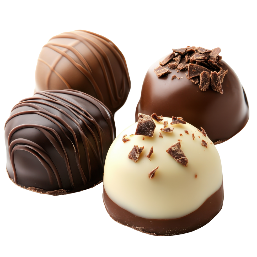 Four assorted chocolate truffles displayed close together. png