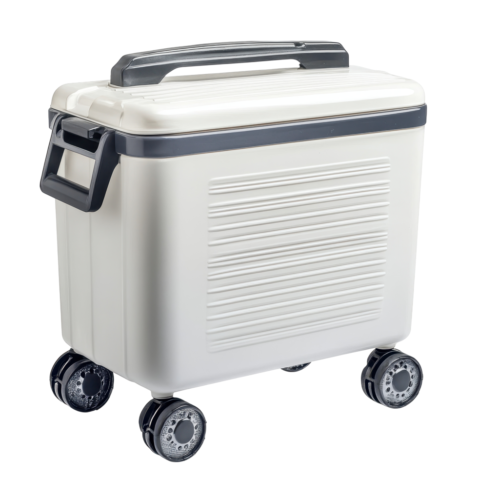 Portable white cooler with wheels for transporting food and drinks. png