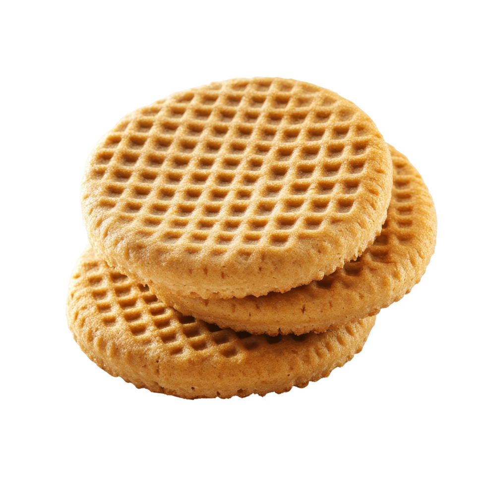 Stack of golden brown, waffle-patterned cookies. png