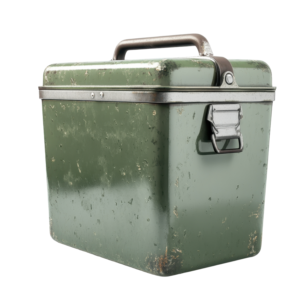 Military-style metal container with a weathered finish. png