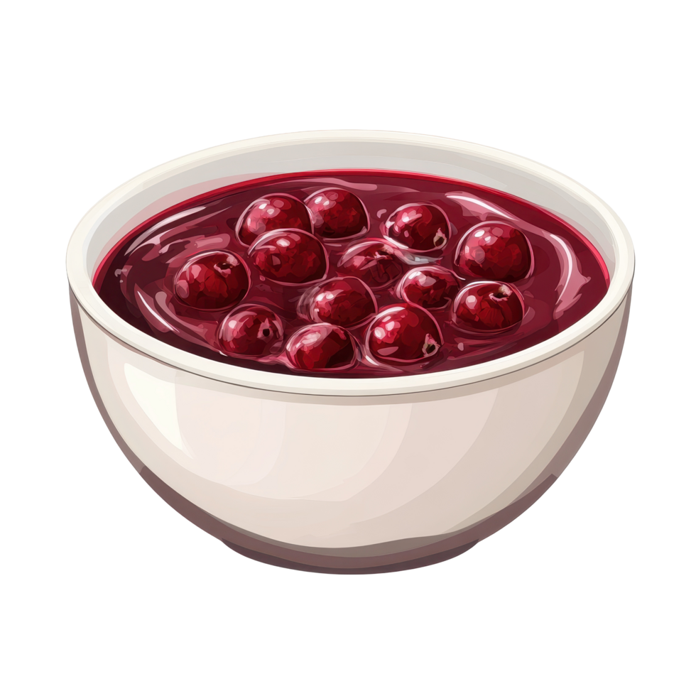 Deliciously vibrant cherry preserve in a white bowl. png