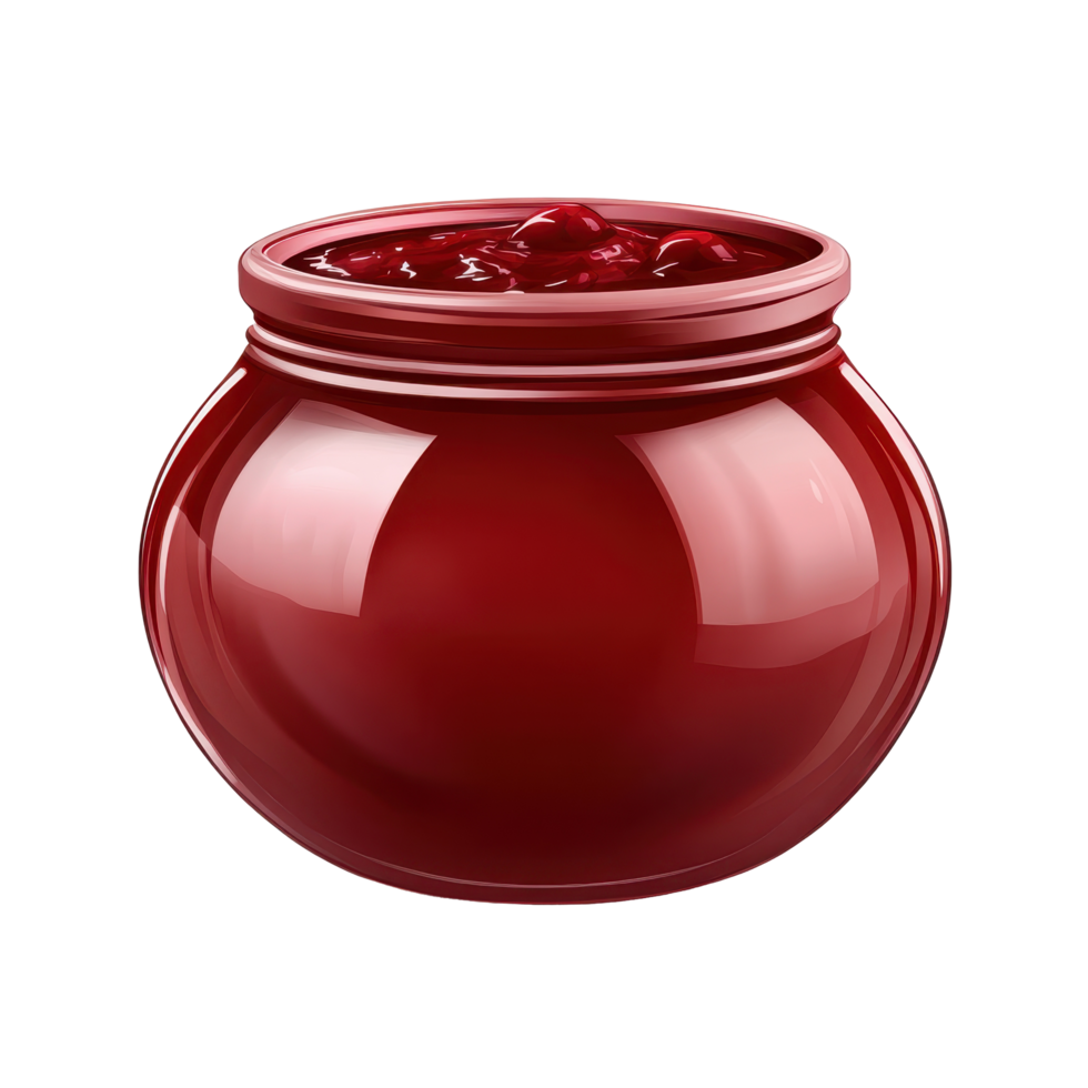 Vibrant red preserving jar filled with fruit preserves. png