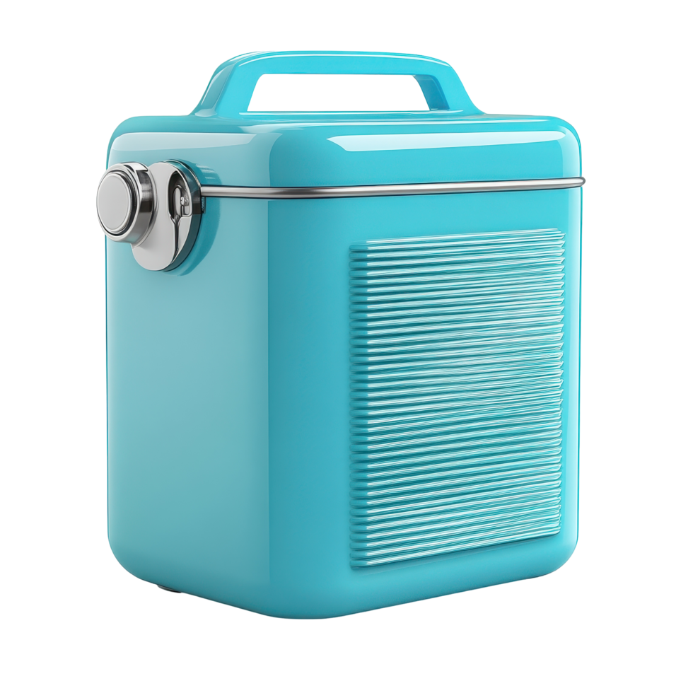 Retro turquoise insulated cooler box with vintage styling. png
