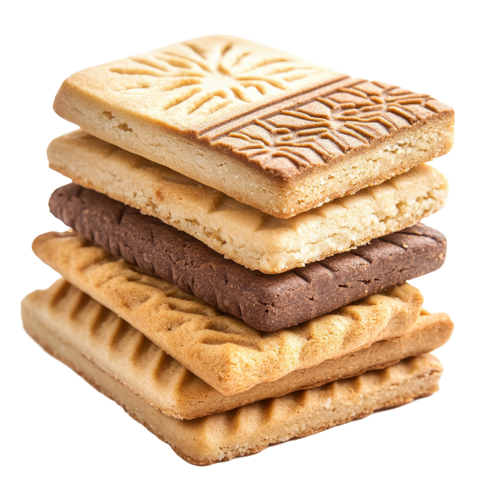 Stack of assorted, patterned biscuits. png