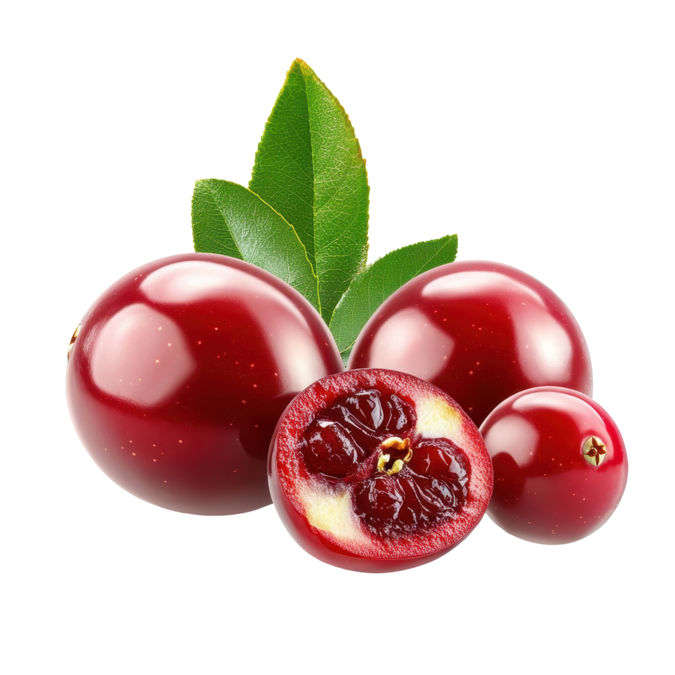 Vibrant, glossy cranberries, whole and halved, showcase juicy interior. png