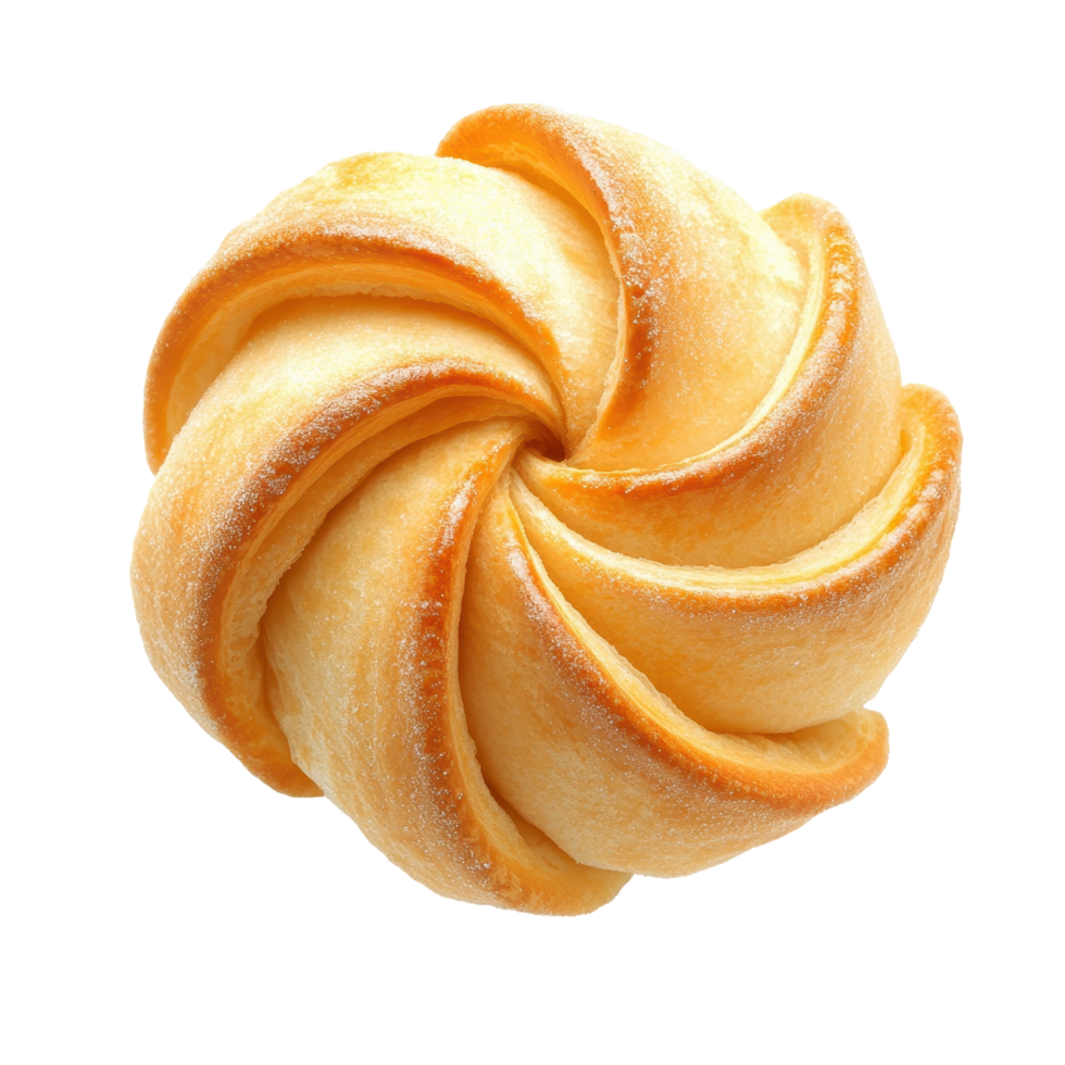Baked pastry with a spiral design and golden hue. png