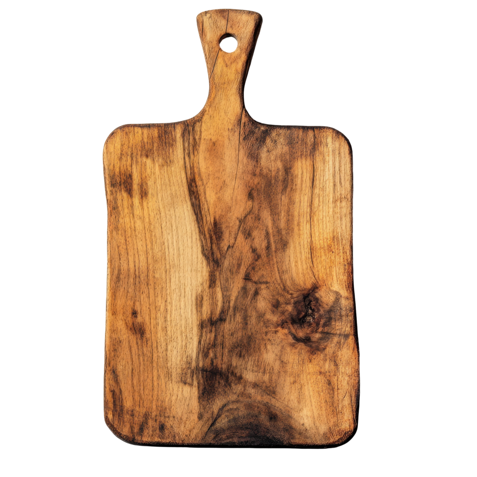 Rustic wooden cutting board with a handle png