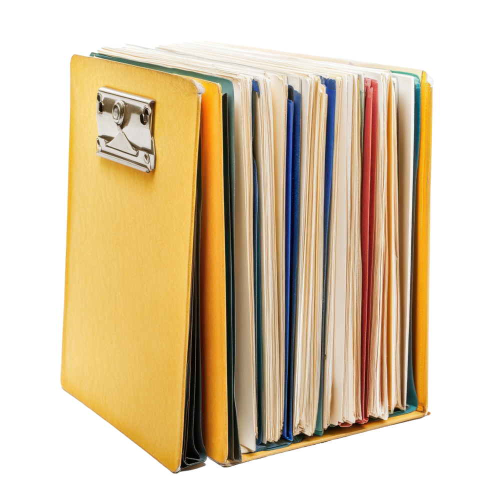 Organized documents stacked within a yellow file folder. png