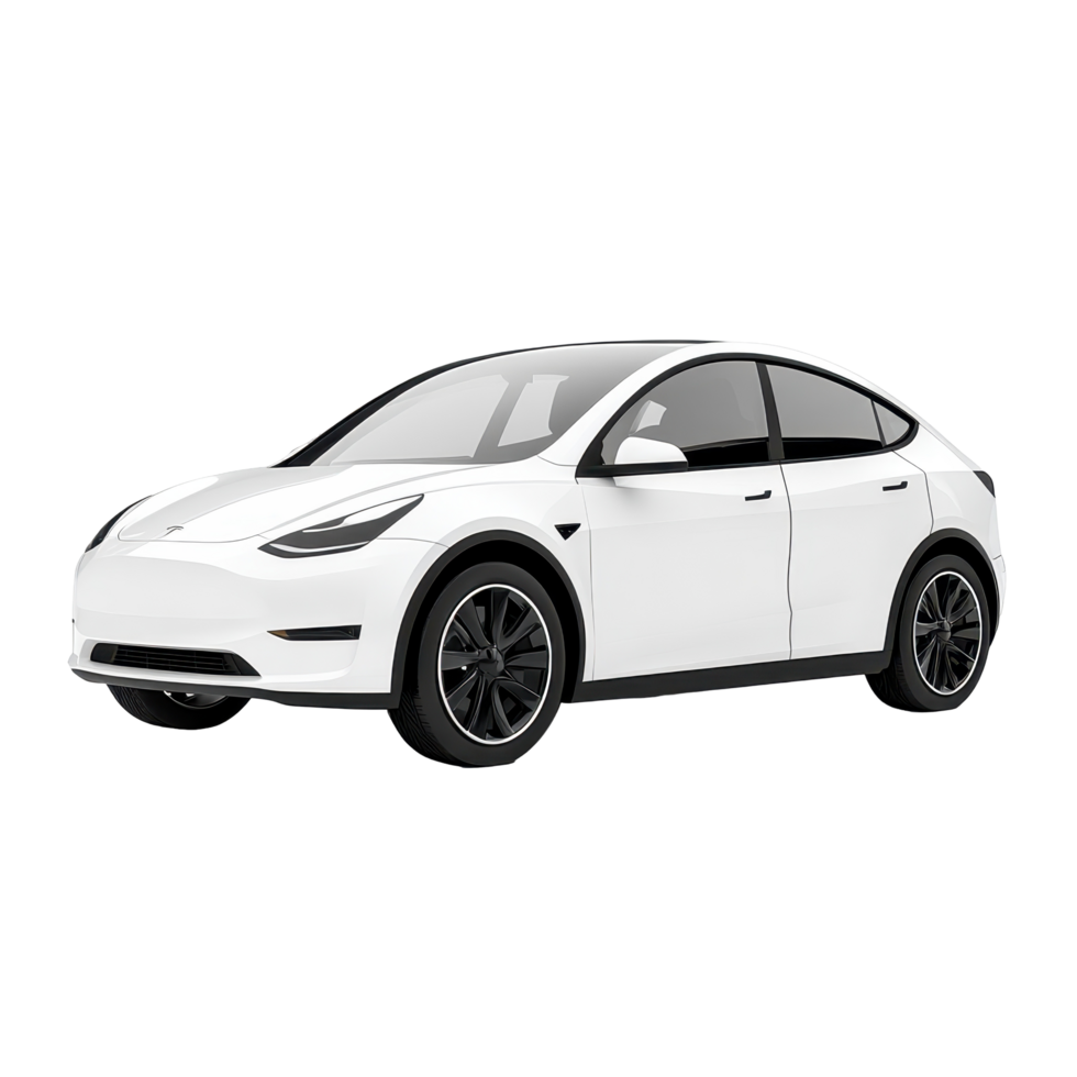 Sleek white Tesla Model Y electric SUV on a lift. png