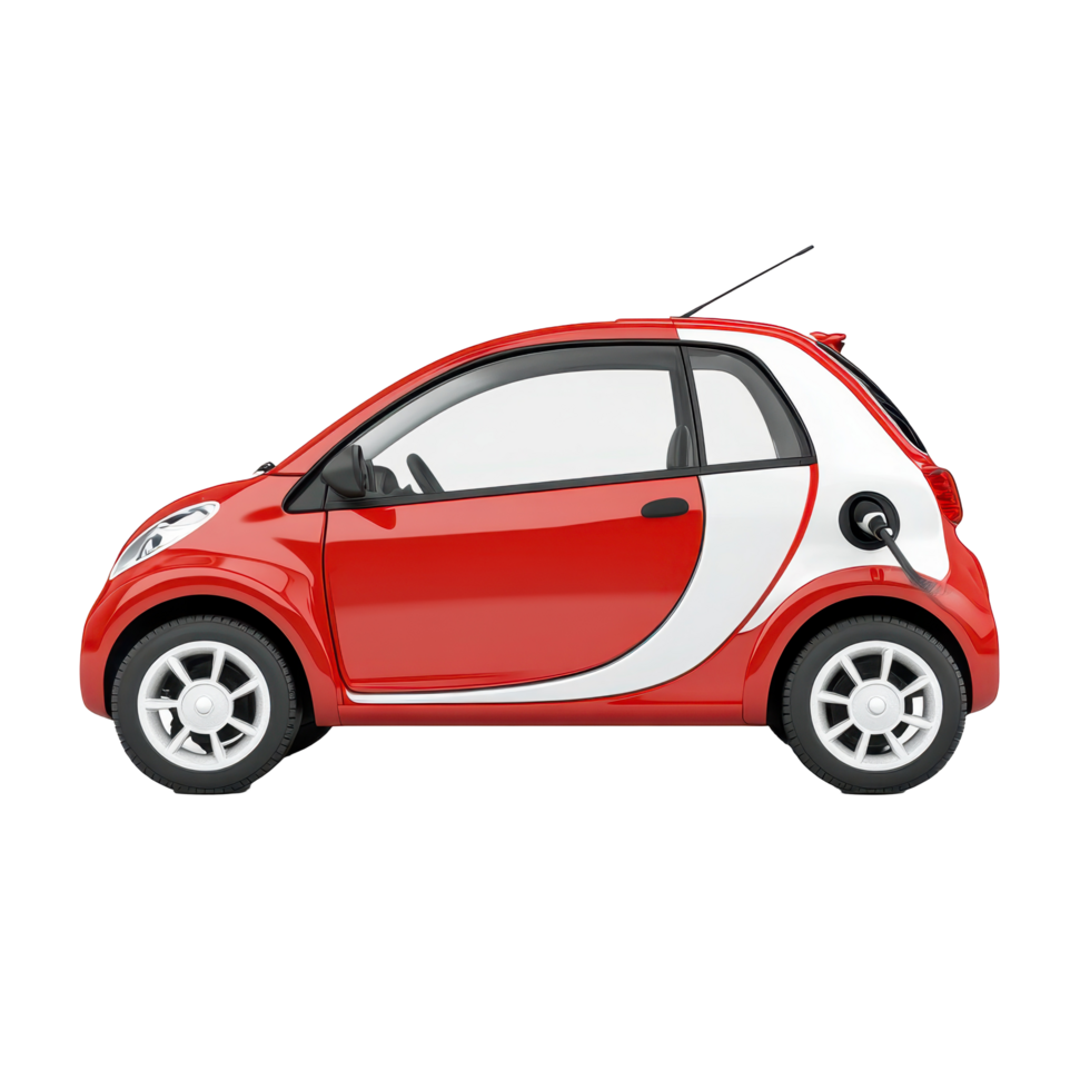 Side view of a small, red electric car with white accents. png