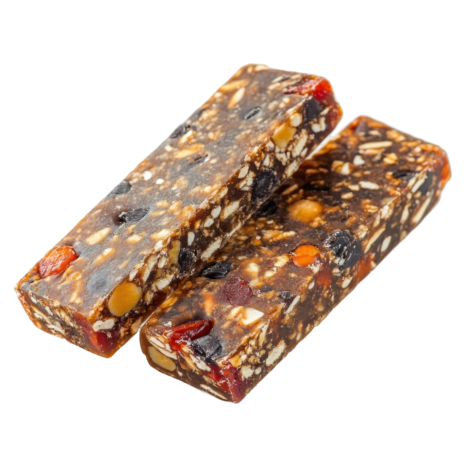 Two nutritious energy bars stacked, filled with nuts and dried fruit. png
