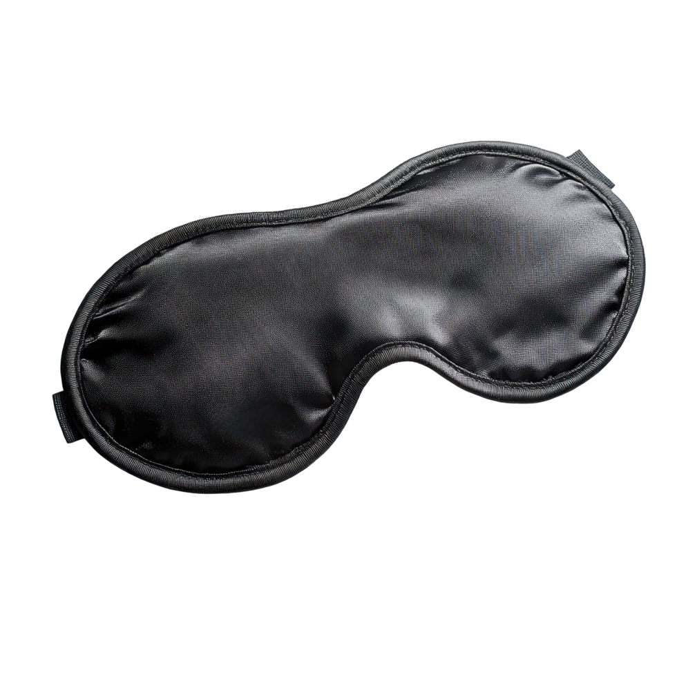 Black satin eye mask for restful sleep. png