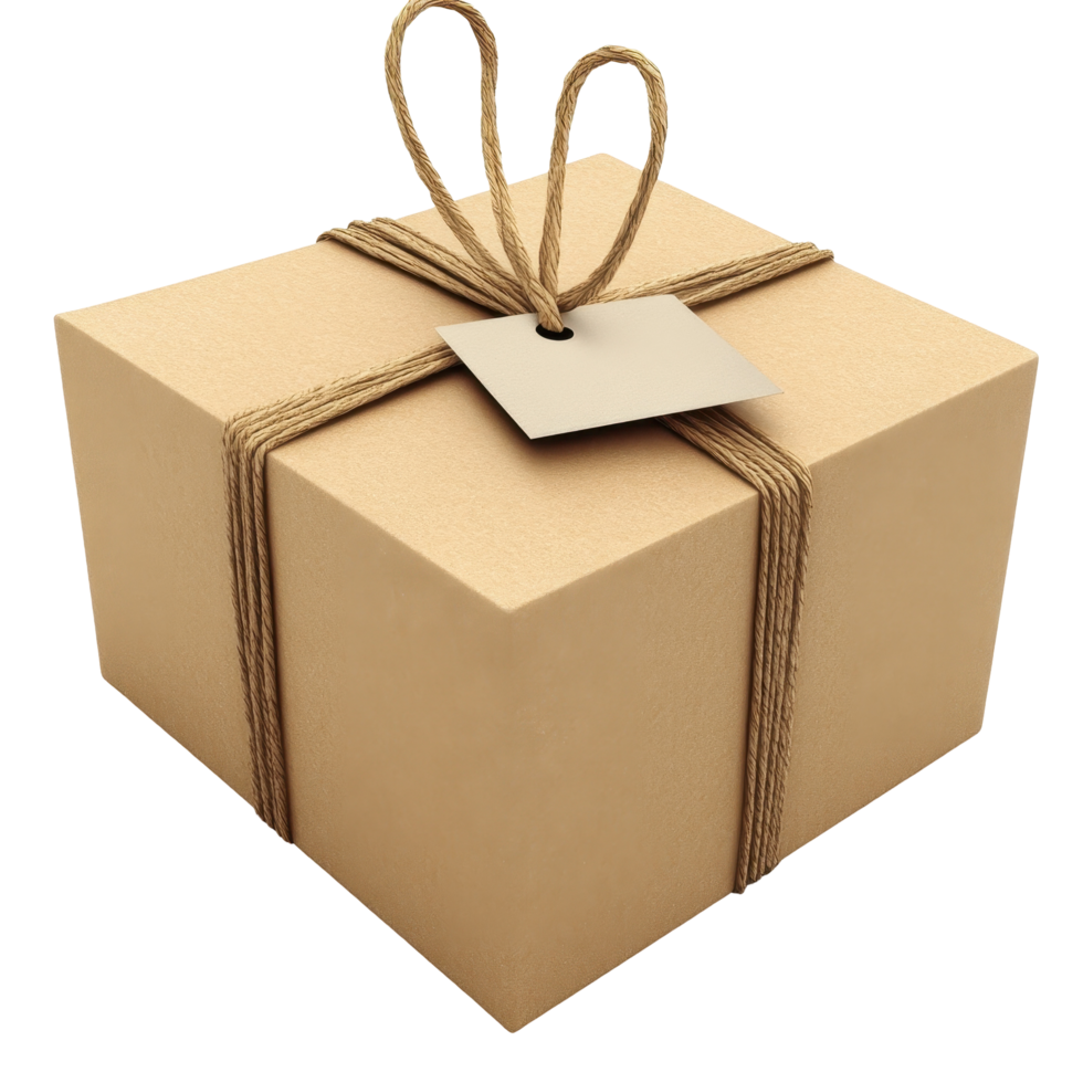 Simple cardboard box tied with twine, ready for shipping. png
